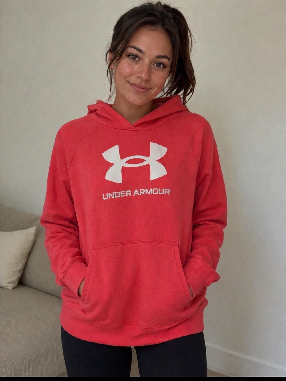 Under Armour Coral Red Logo Pullover Hoodie Size Large